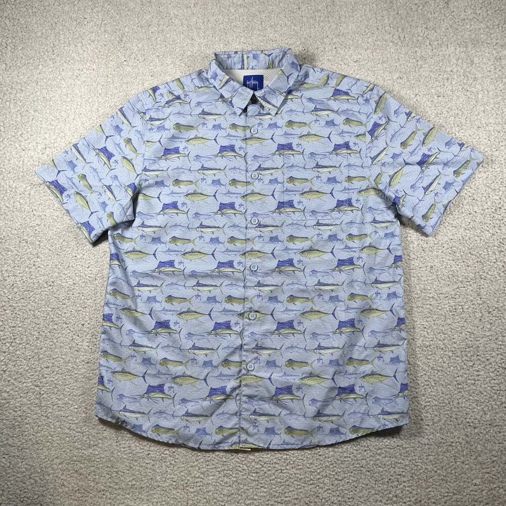 Guy Harvey Shirt Mens M Blue Button Marlin Tuna Fishing Vented Short Sleeve